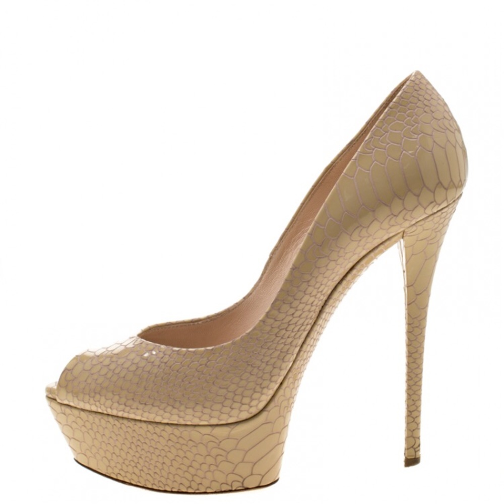 Casadei Python Embossed camel colored peep toe pump